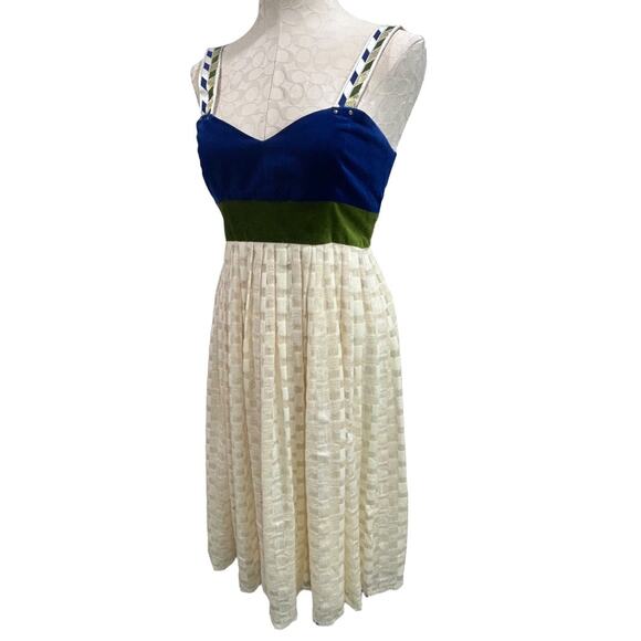 Size 6 Madchen Dress Velvet Colorblock Cream Skirt Blue Green Bodice - Picture 2 of 11